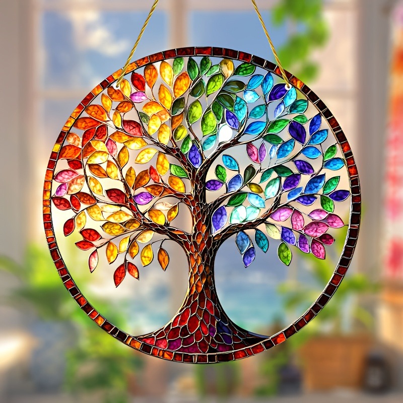 Plano 2D, captador de sol del árbol de la vida, decoración de pared de acrílico de 9 pulgadas, colorido