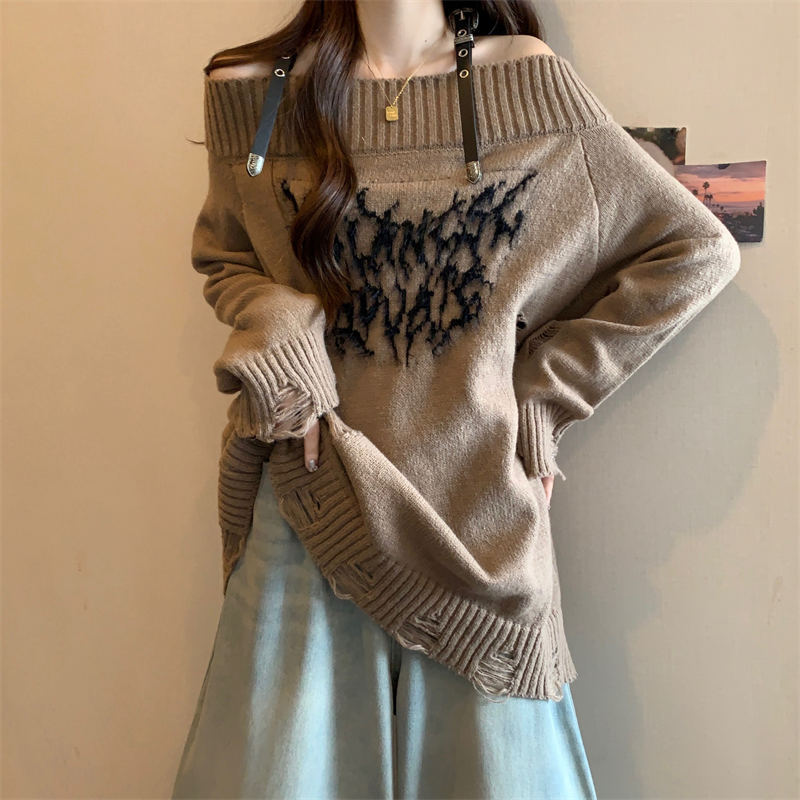 大码复古设计感皮带一字肩破洞毛衣女秋冬胖MM宽松显瘦针织衫上衣|undefined