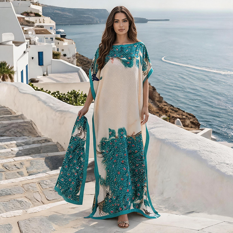 Spring and Summer New Cross-Border Foreign Trade Rhinestone Dress, Printed Women's Clothing, Plus-Size Casual Long Dress, Elegant and High-End Robe