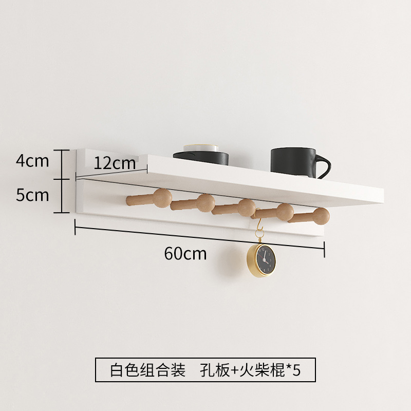 Estante de pared simple nórdico con gancho de fila de hongos madera maciza tablero de una palabra estante de palo perforable