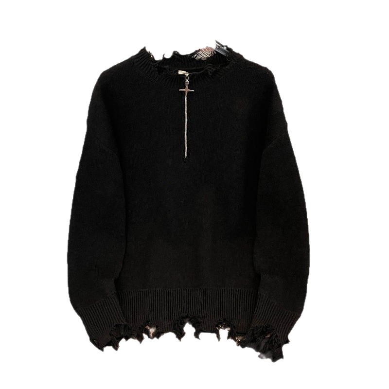 Zipper New Street Distressed Design Black Half-Zip Sweater Men's Loose Lazy Style Knitwear_voghion.com