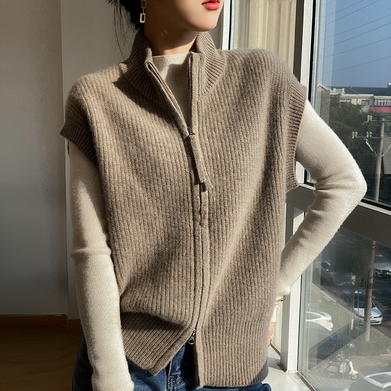 2025 New Autumn and Winter Pure Wool Half Turtleneck Knitted Vest Cardigan Double Zipper Pure Color Warm Sleeveless Top