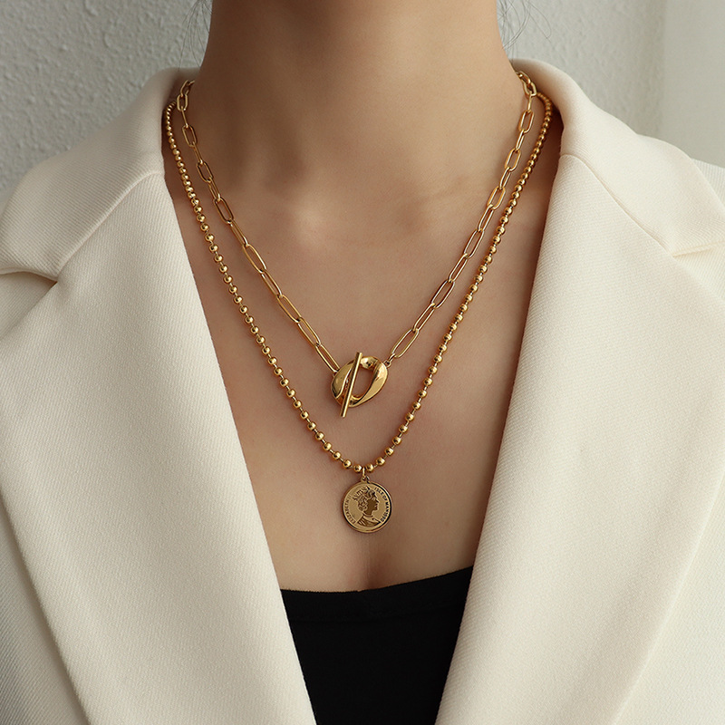 Marka autorizado de acero de titanio collar de retención de color fijo alto otbuckle reina collar de clavícula de doble capa P1028