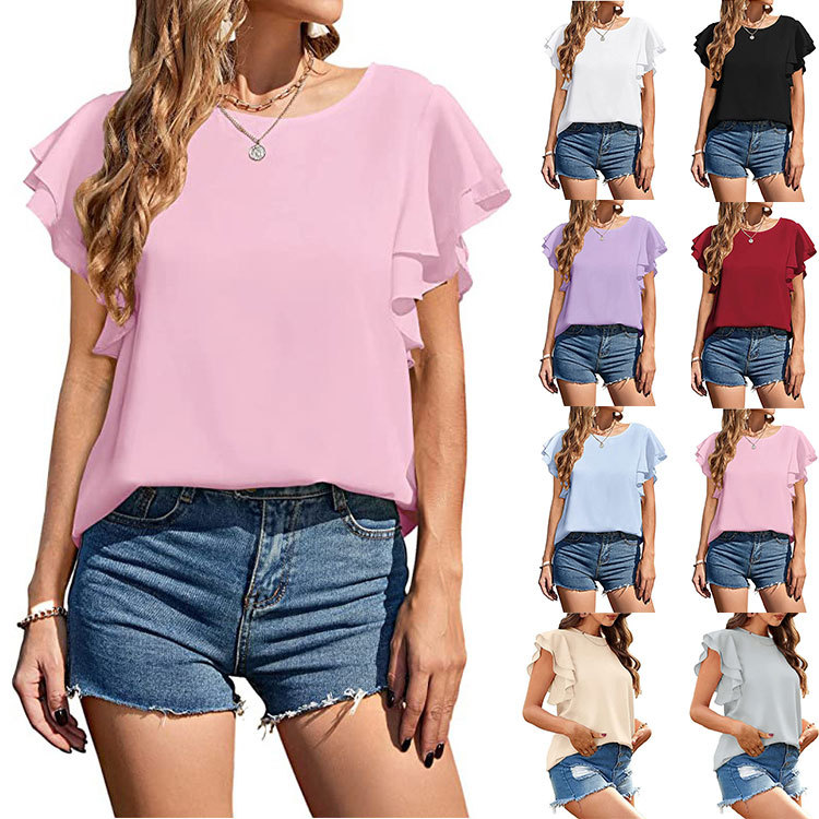 2026 Summer Amazon European and American Foreign Trade Cross-Border New Women's Clothing Solid Color Shirt Double-Layer Ruffle Short-Sleeved Top for Women