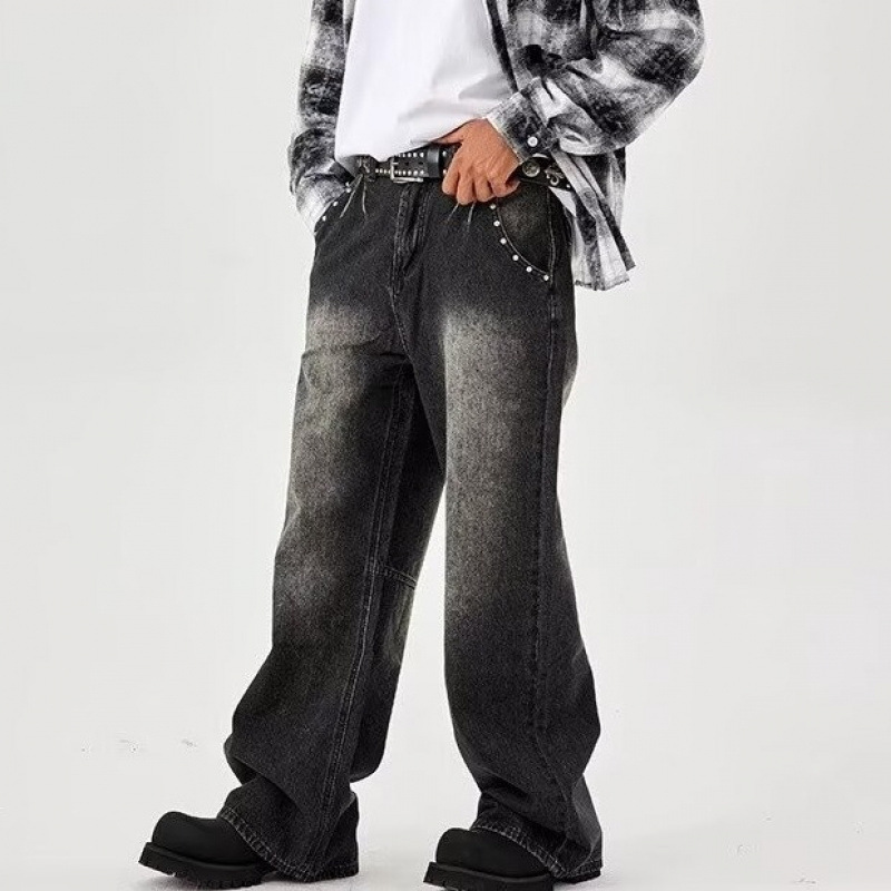 Men's Clothing retro high end rivet design washed black jeans distressed versatile loose wide leg trousers for men_ipsvogv.com