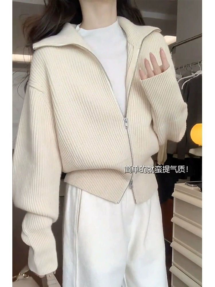 慵懒风双拉链翻领针织开衫女秋冬加厚感软糯毛衣外套短款上衣