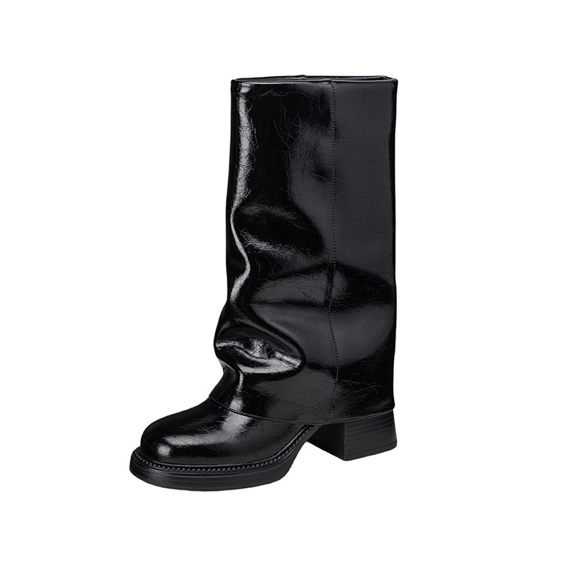Boot nữ da thật cổ cao gót chunky đế xuồng màu trắng, kiểu dáng ôm chân, mùa thu đông — Lớp lót nhung đen, Lớp lót đơn màu trắng nhạt, Lớp lót đơn màu xám, Lớp lót nhung màu xám