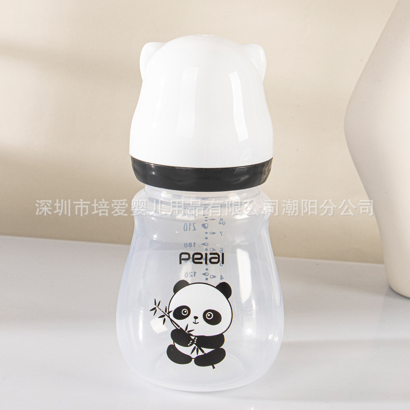 新生婴儿奶瓶熊猫卡通PP喝水工厂批发不带手柄硅胶奶嘴耐摔宽口径