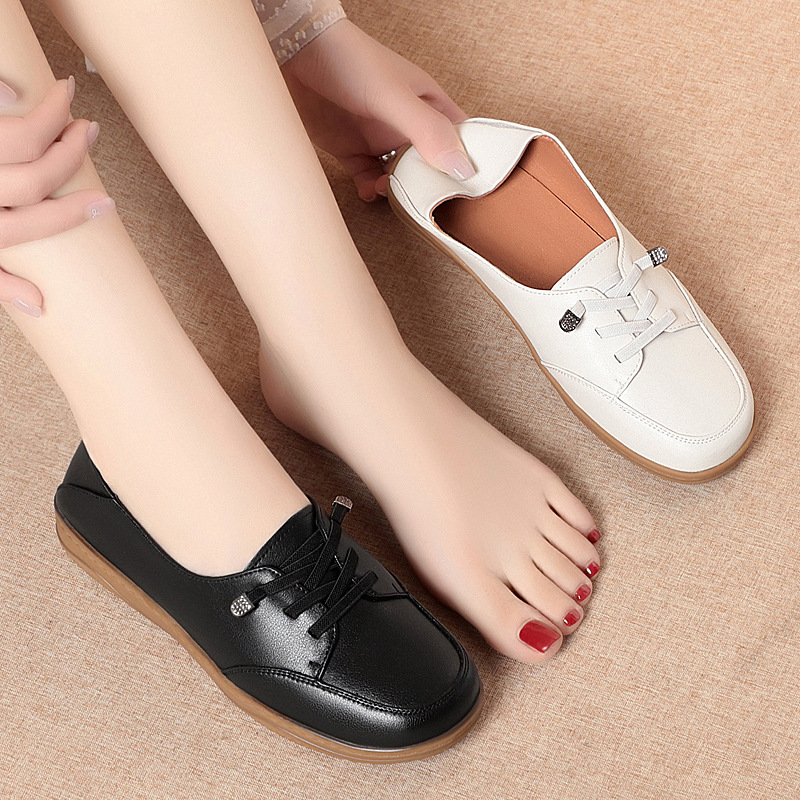 Giày lười nữ da thật mũi vuông đế mềm thoáng khí — màu be