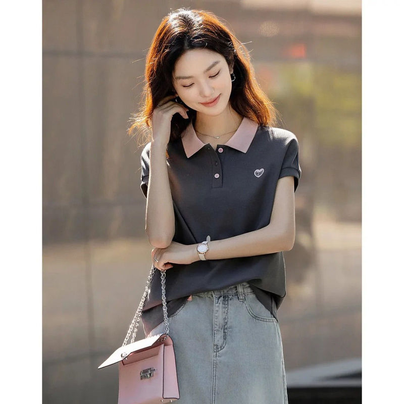 All-Match Colored Polo Lapel Short-Sleeved T-Shirt 2025 Summer New Age-Reducing Loose Casual Slimming Top Women