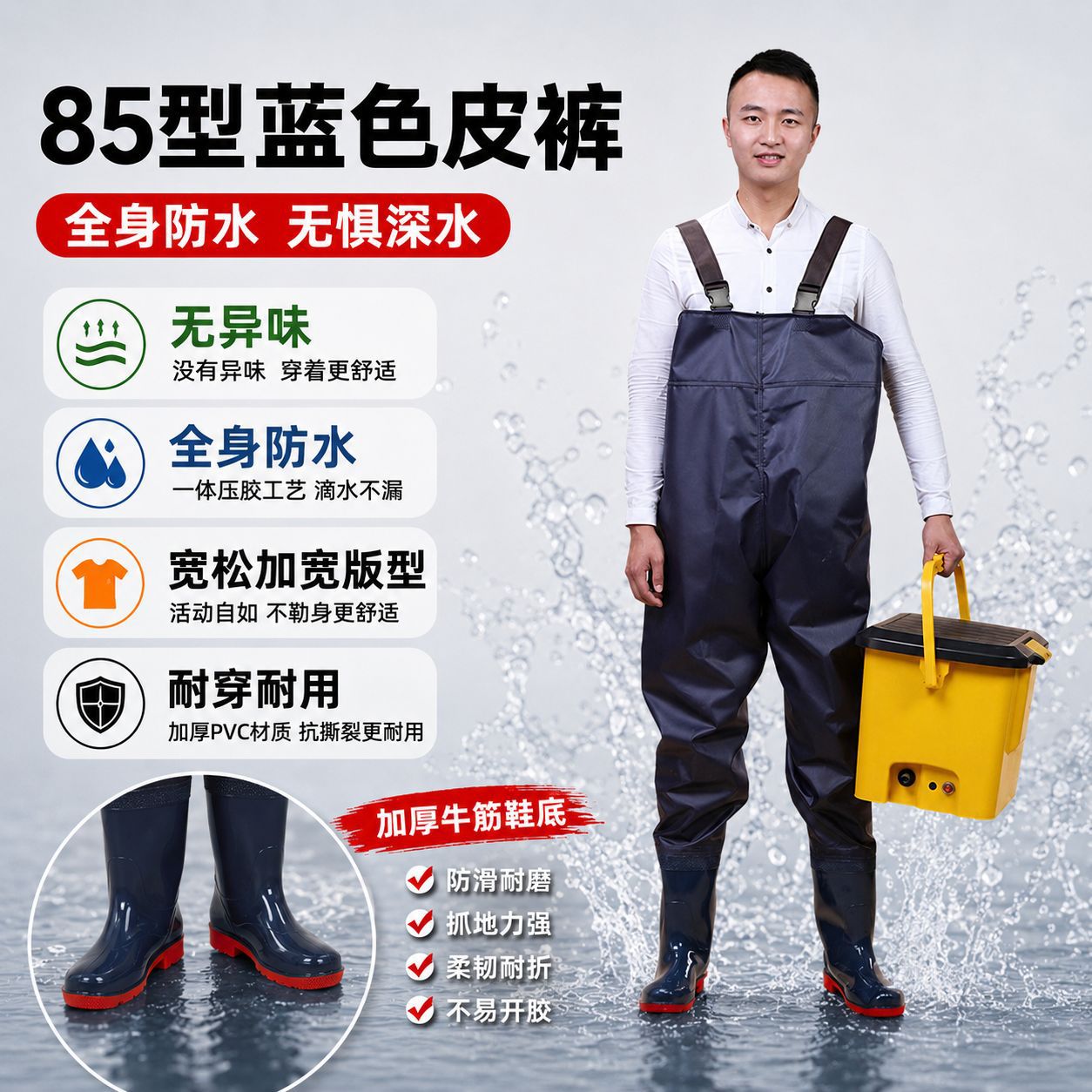 Beihai outdoor wading pants for lure fishing, waterproof wading rain pants, fishing clothing, model 85, blue leather pants