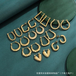 欧美时尚跨境耳饰高级感18K金色不锈钢气质圆圈女士百搭钛钢耳环