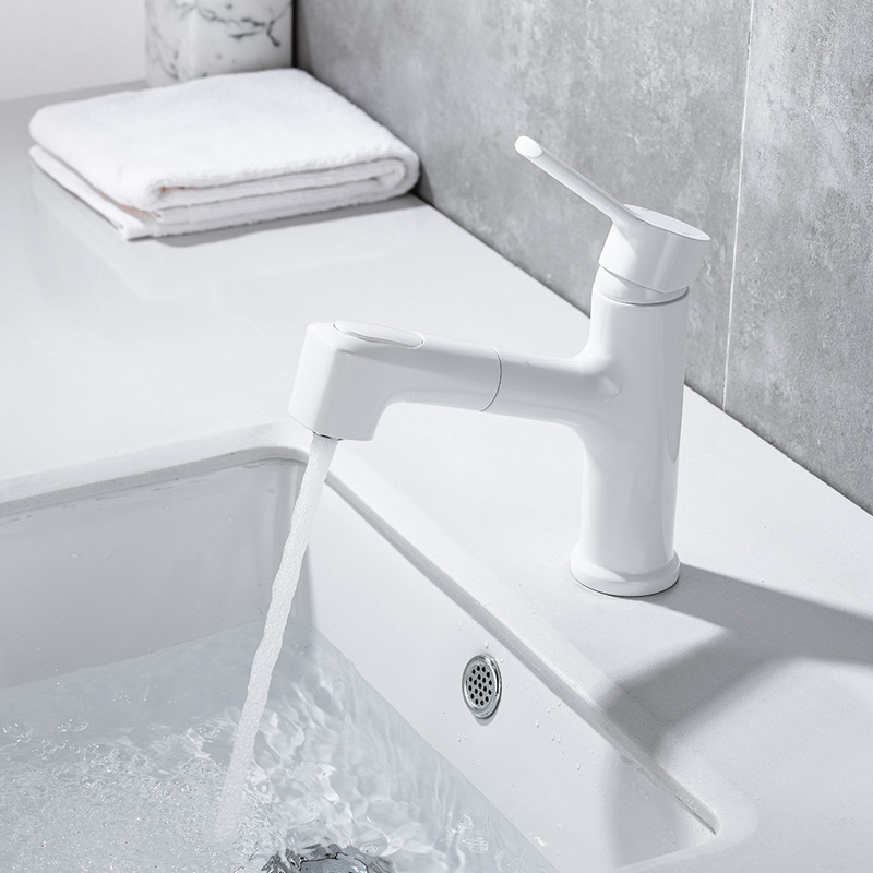 All-Copper Basin Washbasin Hot and Cold Water Bathroom Basin White Dual-Mode Switching Shower Pull-Out Faucet