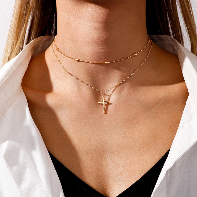 10g Weight Alloy Pendant Material Double Layer Necklaces Classification Alloy Chain Material 1 Piece Quantity Holiday, Daily Occasion Alloy Material Geometric, Cross Pattern Women's Gender Plating Design Basic, Modern Style, Classic Style Style Basic Modern Style Classic Style Geometric Cross Alloy Wholesale Double Layer Necklaces 4
