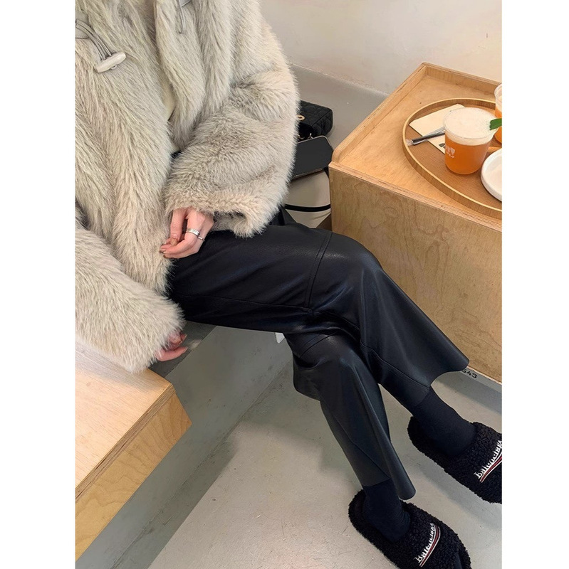 Nine-Point Straight Leather Pants 2025 Autum Soft Simulated Lambskin High-Waisted Loose Slimming Look Pu Leather Casual Pants for Women