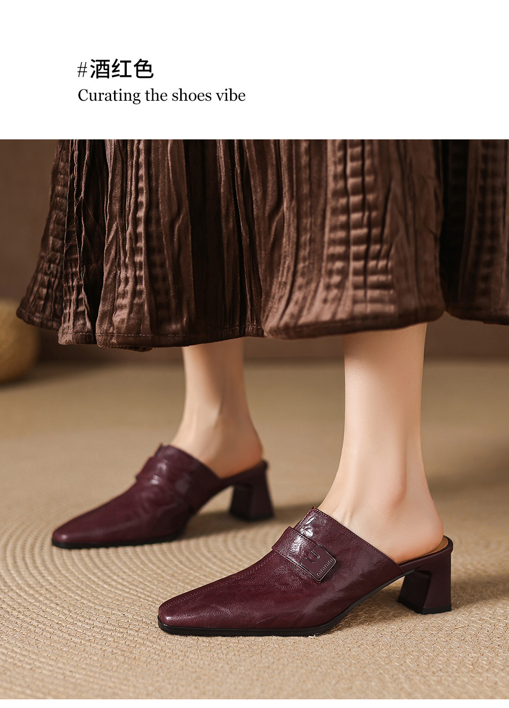 Dép sandal cao gót nữ mũi nhọn quai ngang da dê gót thô 5 cm — đen chi tiết 11