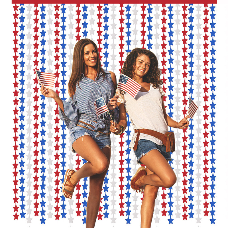 2m Red, Blue, and Silver Pentagram Rain Curtain American Independence Day Party Decoration Supplies Irregular Tassel Rain Curtain Door Curtain