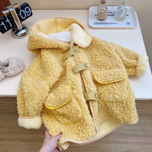 Girls' Fur-Lined Fleece Jacket 2025 Yellow Thickened Lamb Wool Mid-Length Cotton Coat for Toddlers and Young Children