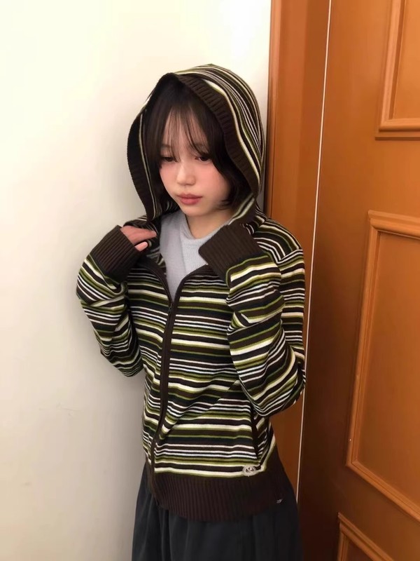 【官网正品】coyseio针织开衫女吴允儿同款修身条纹连帽拉链外套|undefined