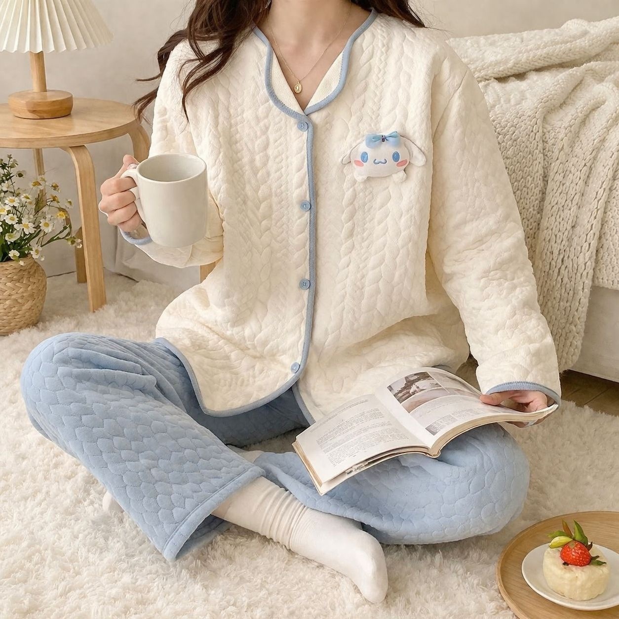 Japón lindos Jade Gui perro aire algodón otoño invierno abrigo pijamas damas engrosadas algodón de manga larga conjunto de ropa para el hogar