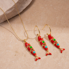 不锈钢滴油小鱼流苏吊坠耳环项链小众轻奢饰品女个性百搭首饰套装