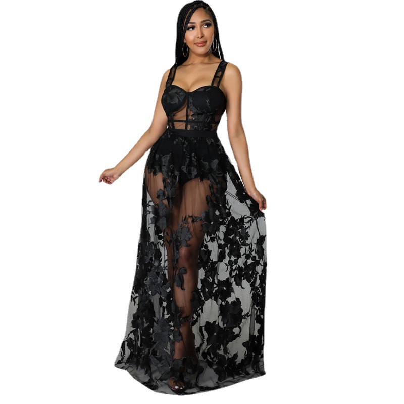 Vestido HX053 de Amazon, color sólido, bordado, transparente, entallado, sin elasticidad, con tirantes finos, efecto adelgazante, estilo francés, versátil, cintura alta