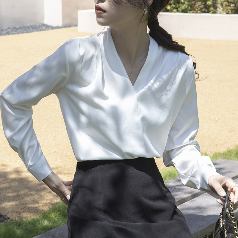 2025 French Satin White Shirt Women's Design Sense Niche Long Sleeve V-Neck Draped Sense High Sense Professional Hundred Shirt