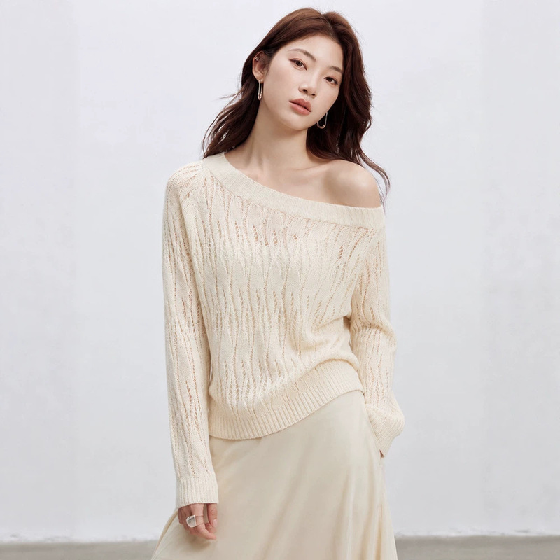 Casual Style Washi Paper Yarn Hollow-Out Knit Top 2026 Early Autumn New Women's Fashion One-Shoulder Gold Thread Linen Blouse Casual Style Washi Paper Yarn Hollow-Out Knit Top 2026 Early Autumn New Women's Fashion One-Shoulder Gold Thread Linen Blouse