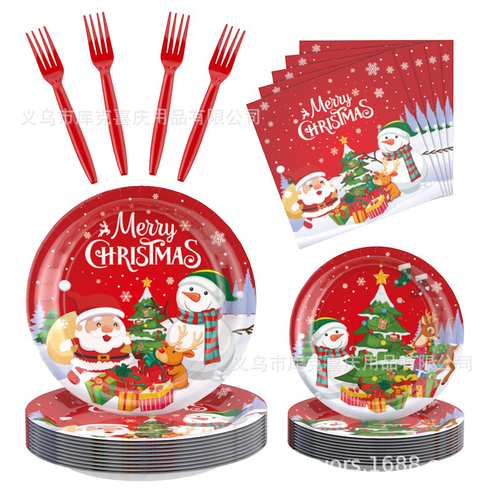 Nuevos artículos de decoración de la fiesta de Navidad bandeja de papel desechable taza de papel toallas de bandera de dibujo de decoración de platos