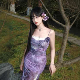 原版做法 轻熟风紫色连衣裙女夏季新款收腰包臀吊带裙蕾丝长裙子