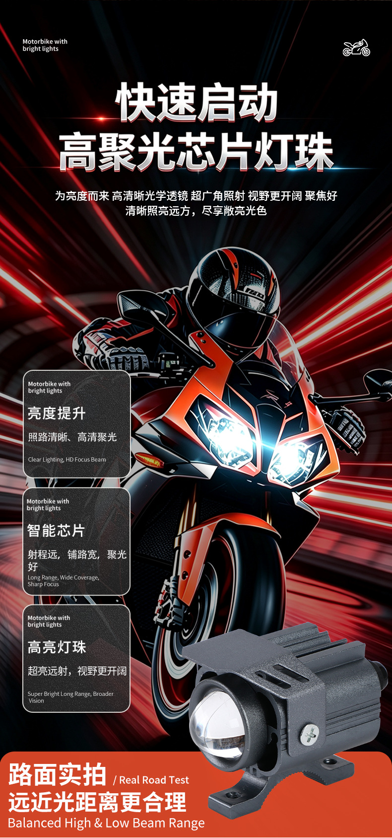 Motorcycle external LED headlight modification light, motorcycle front headlight modification spotlight, high-brightness high and low beam light