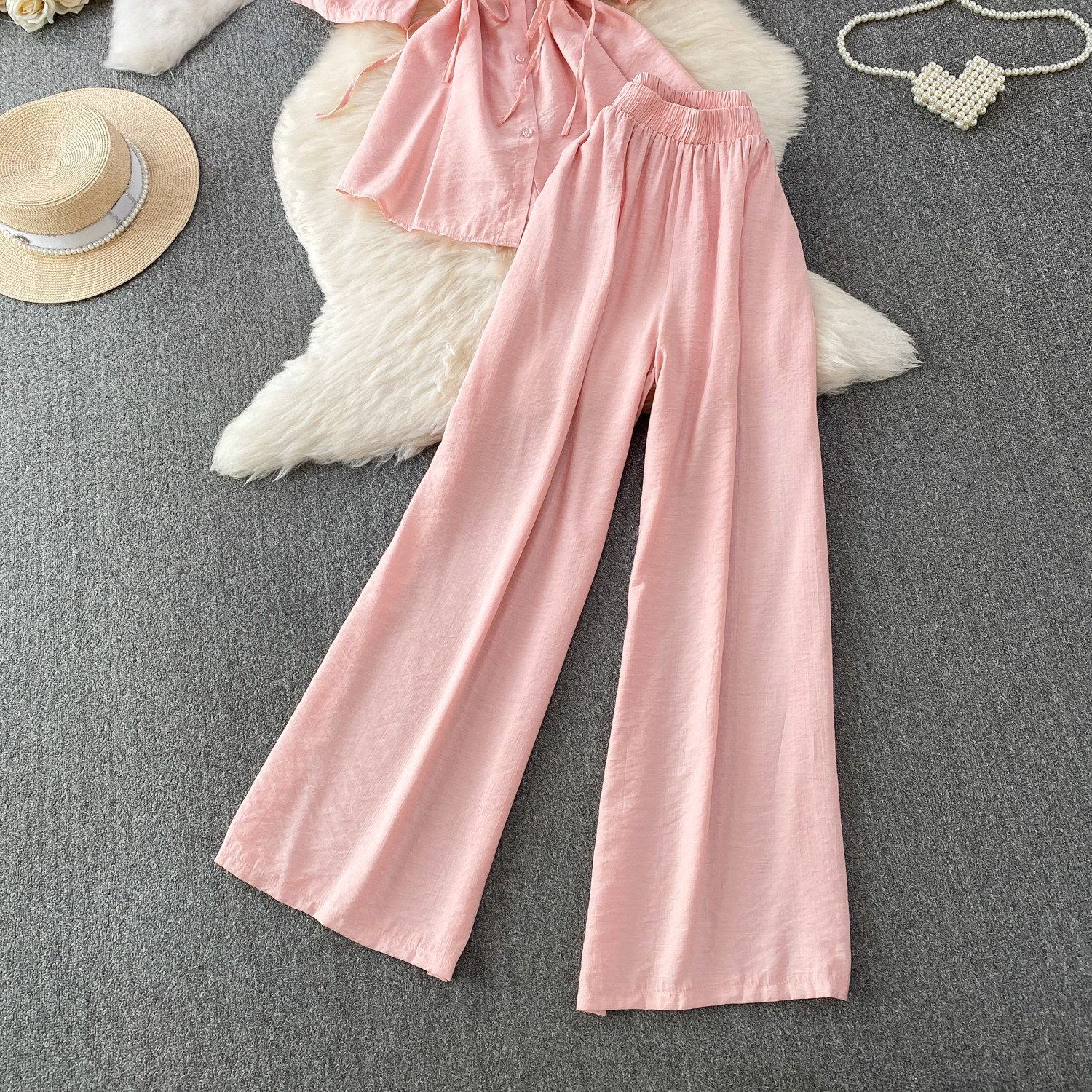 High-Waisted Slimming Collared Shirt with Side Ties And Wide Leg Trousers Women's Outfit Casual Style Set_ecoleips.com
