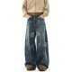 American Style Retro Cat Whisker Machete Jeans Men's High Street Loose Design Sense cleanfit Straight Leg Wide Leg Long Pants