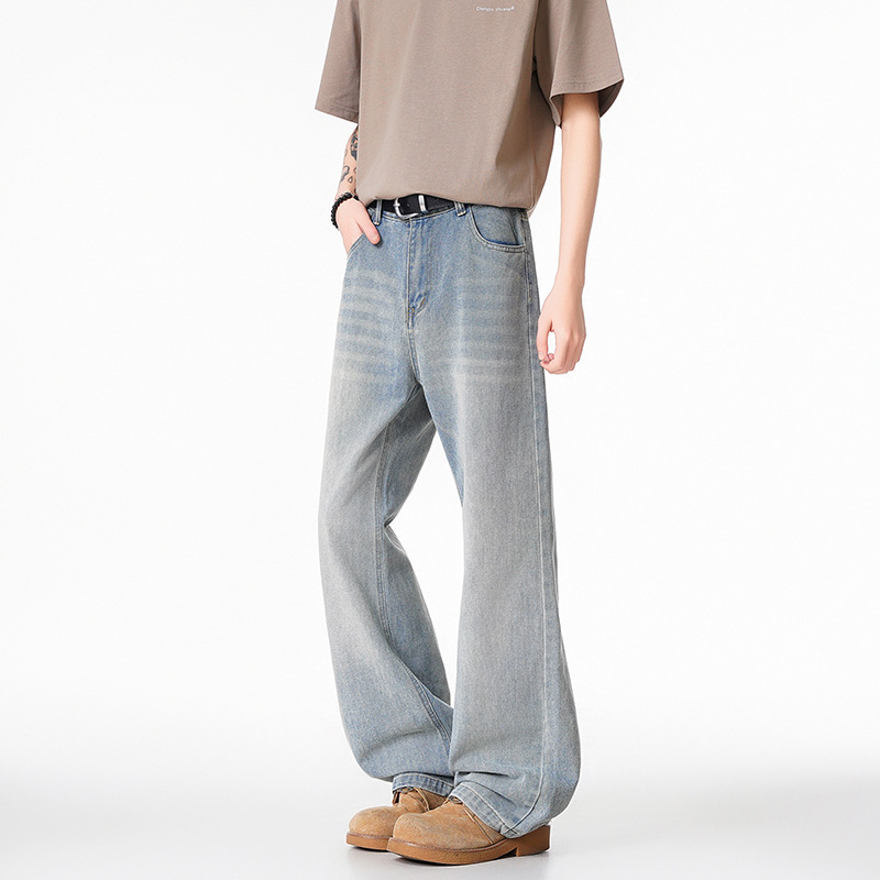 Fleece-Lined Thick Retro Blue Flared Jeans for Men, American Vibe Slim Straight Pants, Slimming and Height-Enhancing Long Pants