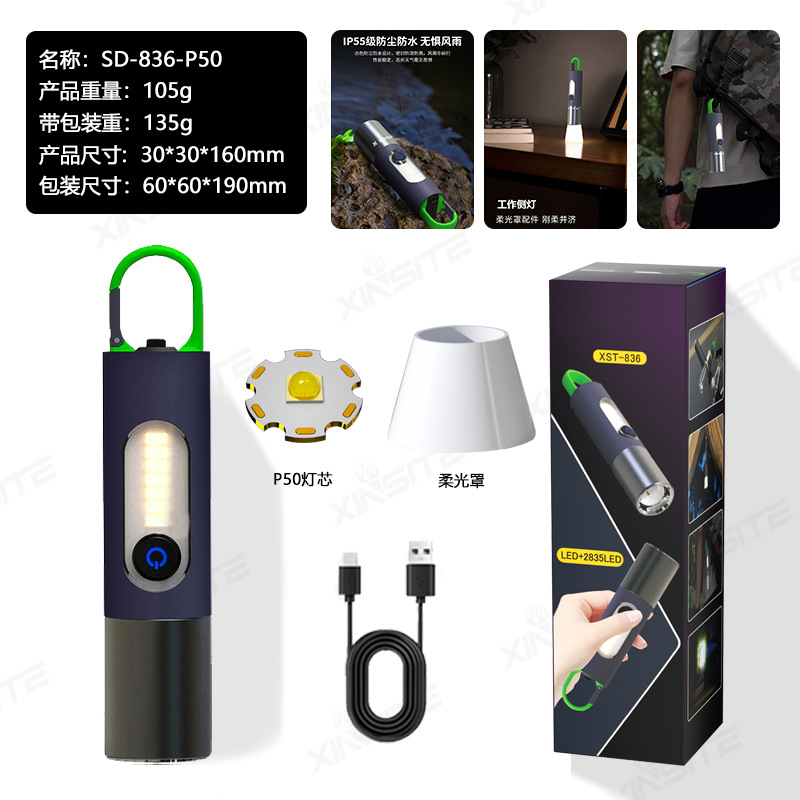 Nueva linterna transfronteriza multifuncional luz cálida luz lateral al aire libre impermeable brillante blanco láser reflector linterna portátil