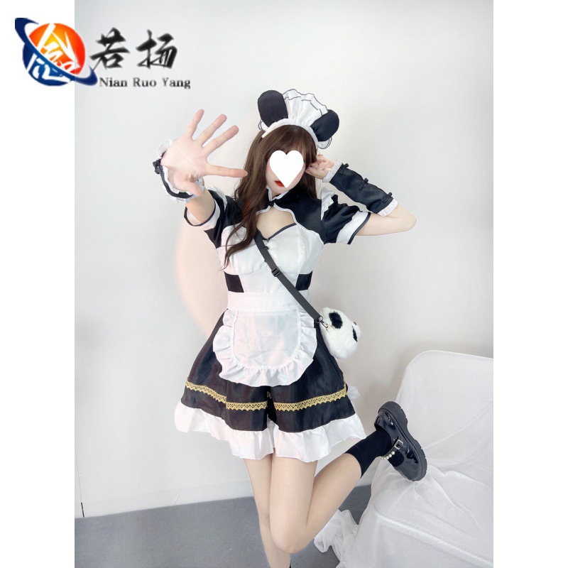 (2개) 일본 메이드 코스프레 섹시 로리타 팬더 소녀 메이드 유니폼 애니메이션 데일리 원피스