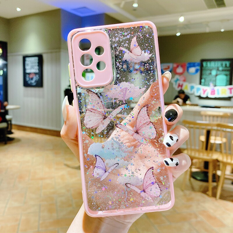 For Samsung A23 A13 5G glitter butterfly mobile phone case color edge fine hole S22Ultra drop glue protection soft case