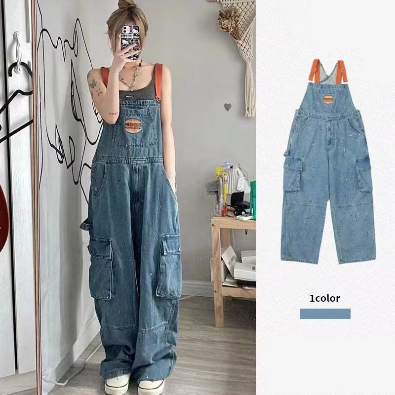 American Retro Denim Overalls Summer Women Slim Petite Workwear Loose Straight Wide-Leg Floor-Length Pants Wholesale