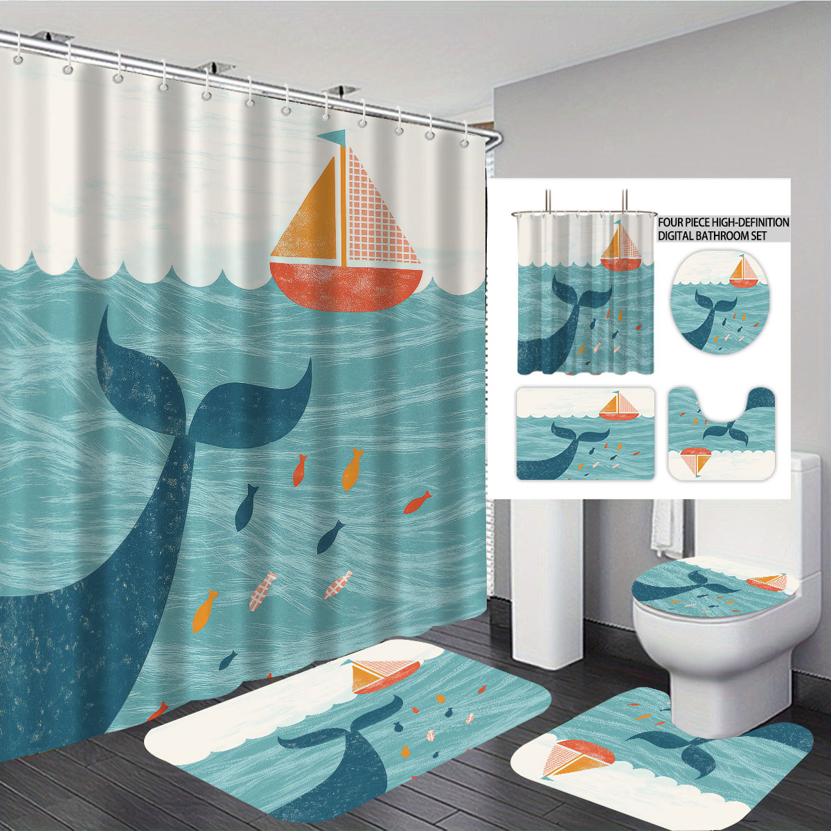 Mei Ke más cortina de baño impermeable serie de paisaje de playa impresión digital poliéster cortina de baño cuatro piezas un conjunto de cabello