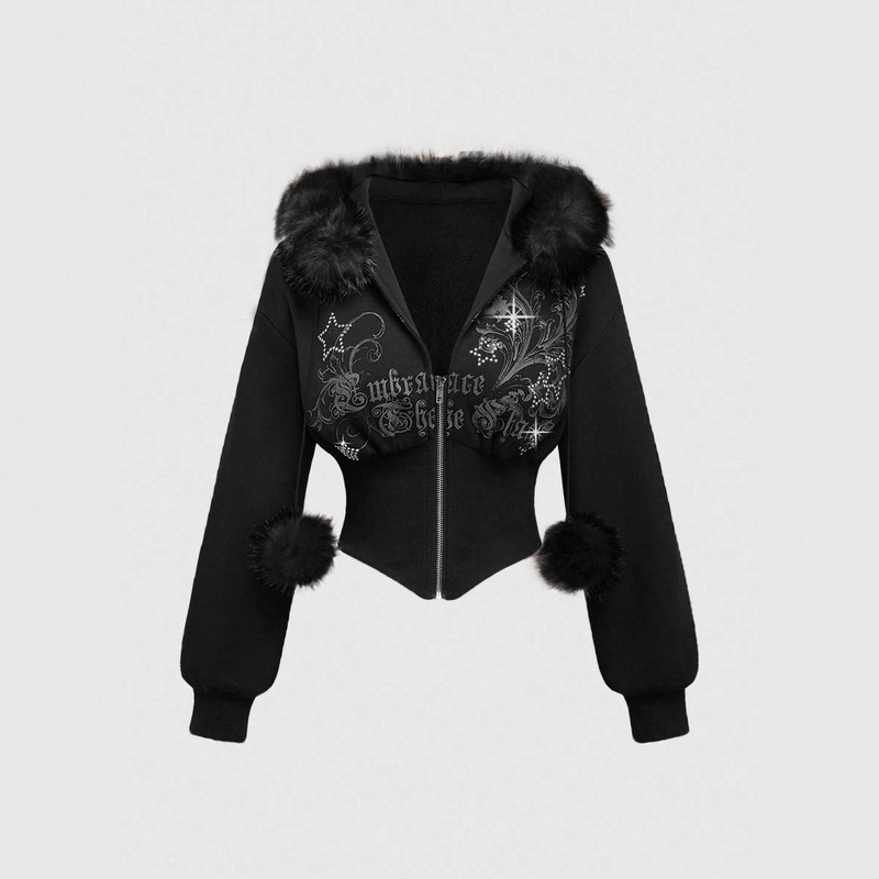 2025 American Style Jacket Retro Fur Collar Splicing Cardigan Sweatshirt Cross-Border Casual Zipper Waist Slimming Short Top 2025 American Style Jacket Retro Fur Collar Splicing Cardigan Sweatshirt Cross-Border Casual Zipper Waist Slimming Short Top
