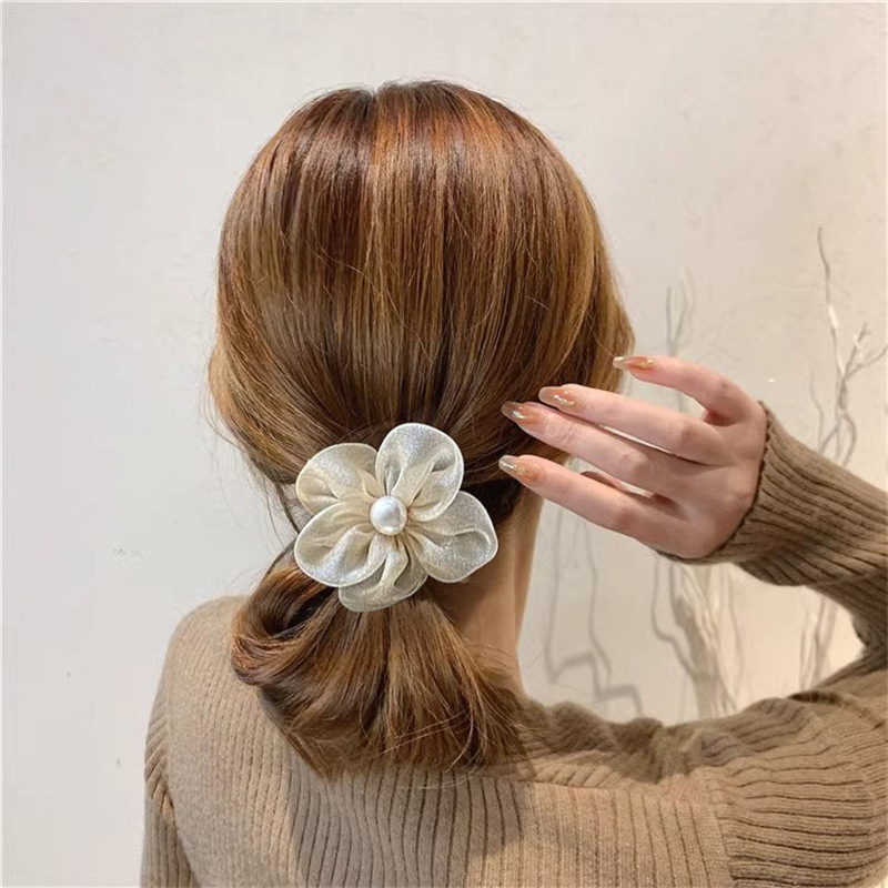 Nuevo hilo de malla de perla flor anillo de cabello de alta sensación de la cabeza de la corda de cabello de la corda de cabello de la cola de caballo temperamento banda de goma adornamiento para el cabello