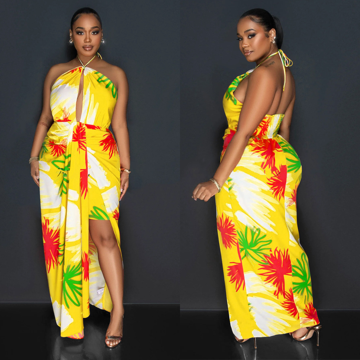 C6921 Aliexpress transfronterizo Amazon estación independiente de moda europea y americana ropa de mujer de espalda descubierta correa impresa vestido largo
