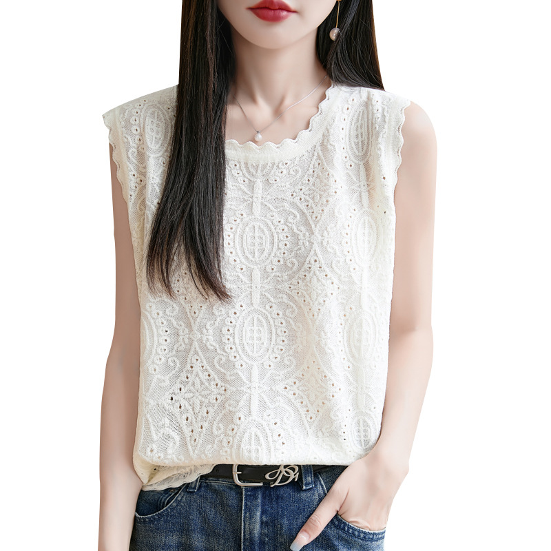 Summer woolen knitted base vest with a round collar