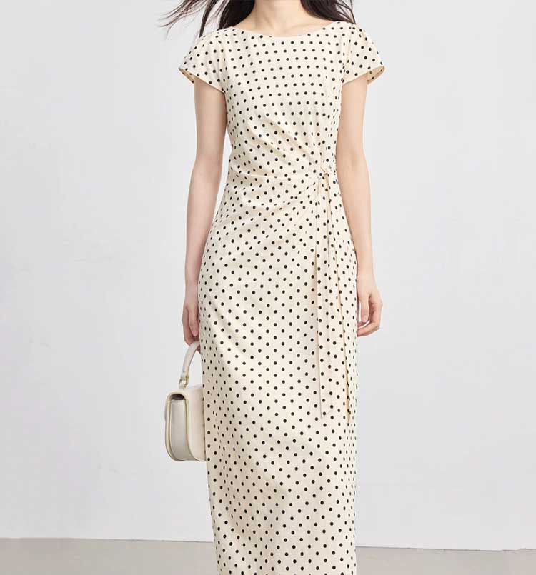 Đầm maxi nữ tay ngắn họa tiết chấm bi phong cách Pháp, eo xếp li buộc dây — Điểm đen Apricot Bottom chi tiết 2