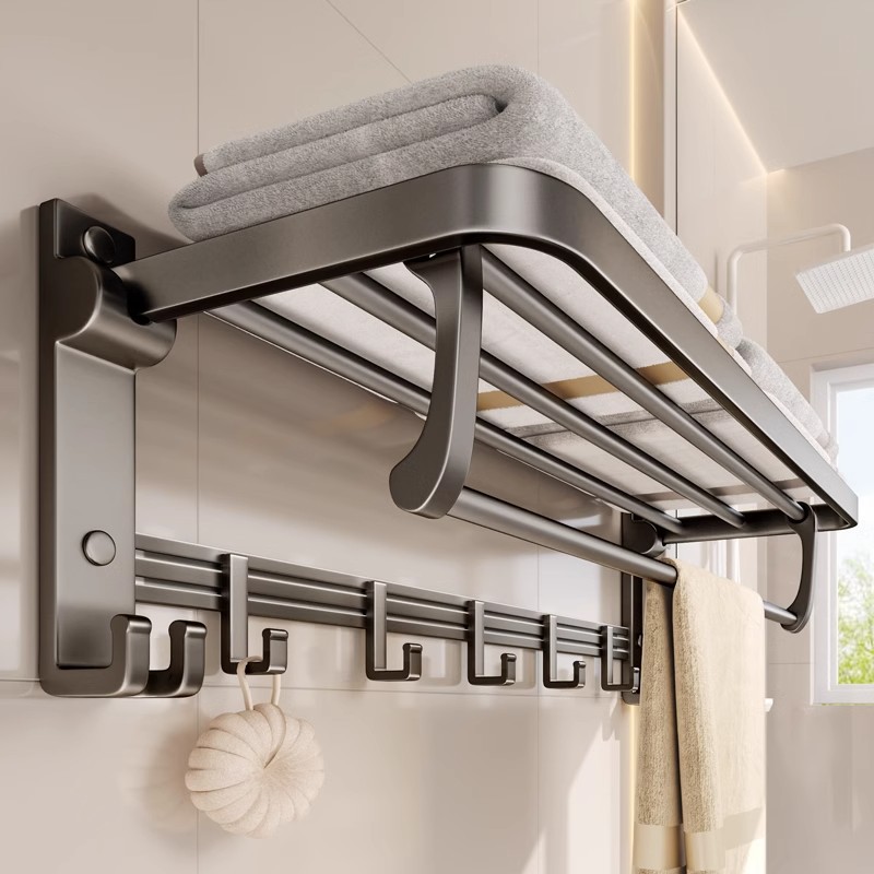 Space Aluminum Bathroom Towel Rack Without Punching Toilet Bathroom Storage Rack Wall-Mounted Bathroom Clothes Storage Rack