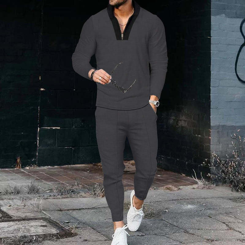 Pánský top s dlouhým rukávem, stojáčkem a vaflovým výstřihem, módní poloviční zip, ležérní sportovní set_voghion.com