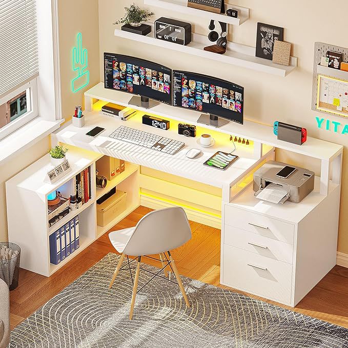 L Shaped 65inch Corner Computer Desk with 3 Drawers,With Power Outlets and Led Lights,