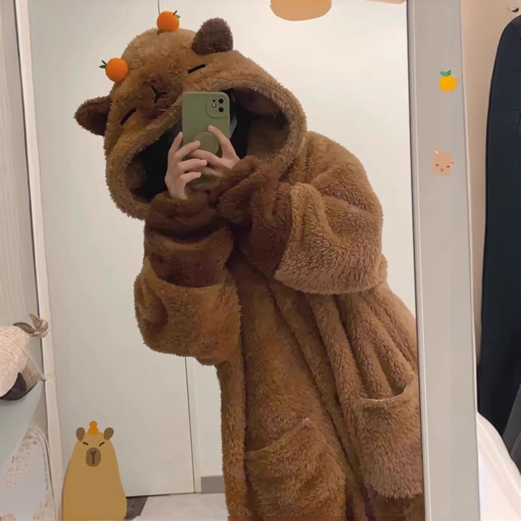 GraceChic GraceChic Coral Fleece Pajamas For Women Kapibara Long Nightgown Girl's Homewear Autumn Winter Bathrobe Thickened And Warm_voghion.com