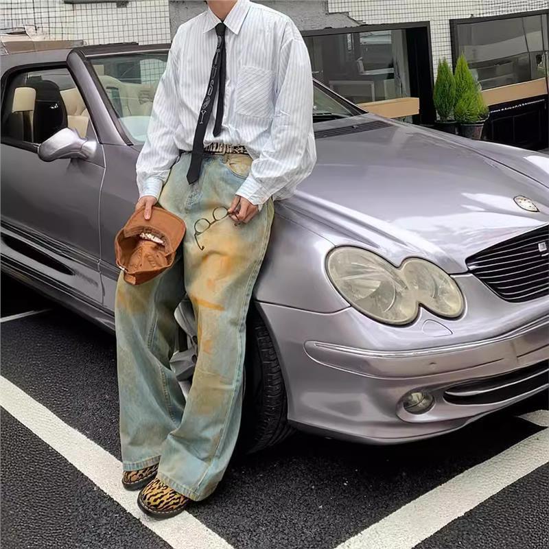 Denim Orange Brush Washed Distressed Jeans for Men and Women Niche Slim Design Straight Loose Wide Leg Trousers