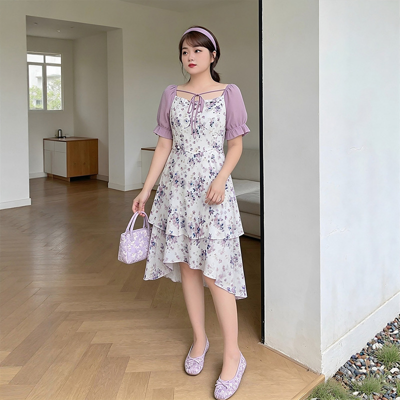 60-150kg Plus Size Women's French Resort-Style Dress for Summer, Slimming Nursing Dress for Slightly Chubby Girls and Hot Moms